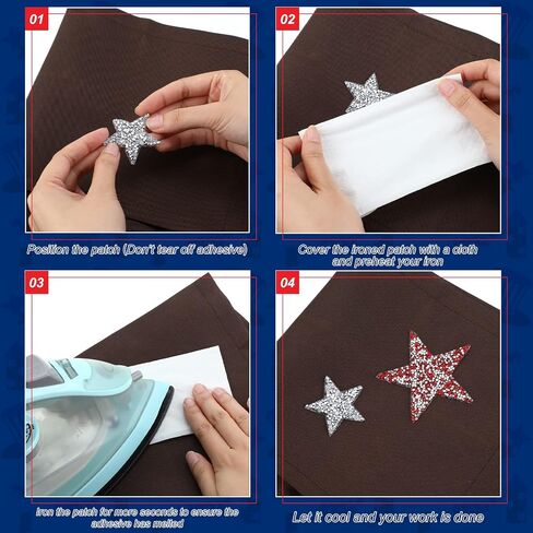 Syhood 32 Pieces Iron on Star Patches Adhesive Glitter Star Shape Rhinestone DIY Patches Appliques Embellishments for Clothing Jeans Repair Decoration, 5 Sizes(Red, Silver, Blue) in Kuwait