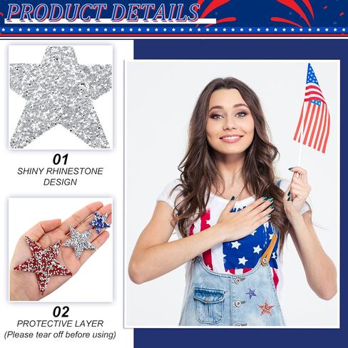 Syhood 32 Pieces Iron on Star Patches Adhesive Glitter Star Shape Rhinestone DIY Patches Appliques Embellishments for Clothing Jeans Repair Decoration, 5 Sizes(Red, Silver, Blue) in Kuwait