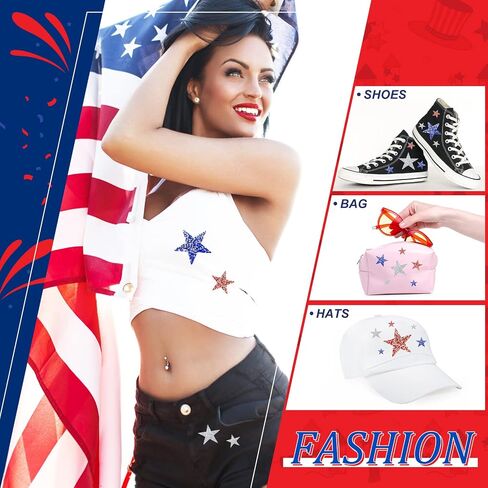 Syhood 32 Pieces Iron on Star Patches Adhesive Glitter Star Shape Rhinestone DIY Patches Appliques Embellishments for Clothing Jeans Repair Decoration, 5 Sizes(Red, Silver, Blue) in Kuwait