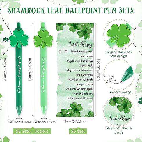 Jetec 40 Sets St Patrick's Day Shamrock Ballpoint Pens bulk Green Clover Rollerball Black Ink Pens with Irish Blessing Cards and Twist Ties for Boys Girls Home Office School Party in Kuwait