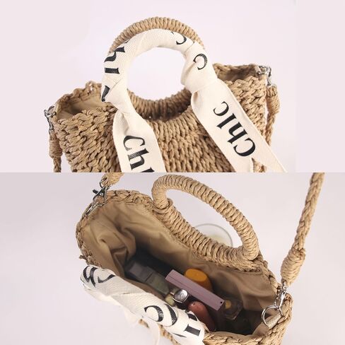 Women's Straw Tote Bag Woven Top Handbag Summer Beach Bag Straw Purse for Beach Vacation Shopping(Khaki) in Kuwait