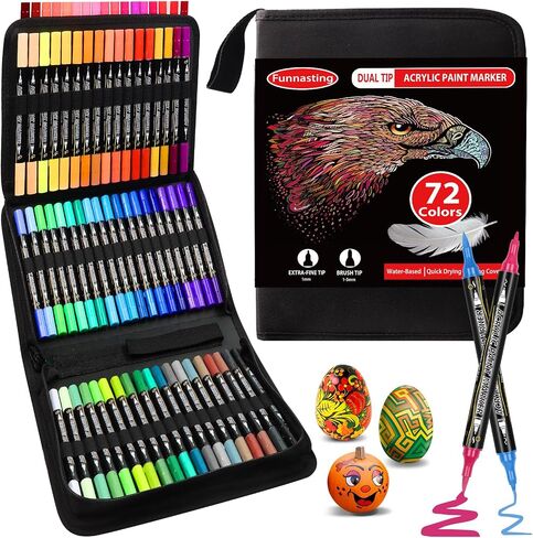 Funnasting Acrylic Paint Markers, 72 Colors Dual Tip Acrylic Paint Pens, Glass Marker Pens with Brush Tip and Fine Tip, Paint Pens for Rocks, Wood, Canvas, Stone, Ceramic Surfaces, DIY Crafts Making in Saudi Arabia