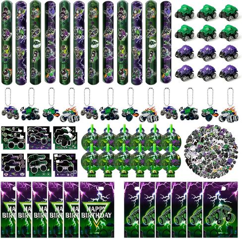 Haooryx Green Purple Monster Truck Party Form - 122pcs Monster Truck Slap Bracelets Stickers standouts bluouts noisemakers mini car keychain مع حقيبة هدايا للأطفال. in Kuwait