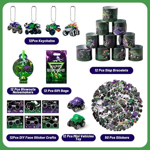 Haooryx Green Purple Monster Truck Party Form - 122pcs Monster Truck Slap Bracelets Stickers standouts bluouts noisemakers mini car keychain مع حقيبة هدايا للأطفال. in Kuwait