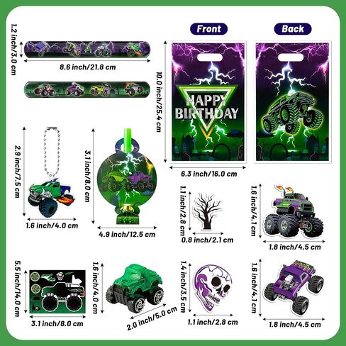 Haooryx Green Purple Monster Truck Party Form - 122pcs Monster Truck Slap Bracelets Stickers standouts bluouts noisemakers mini car keychain مع حقيبة هدايا للأطفال. in Kuwait