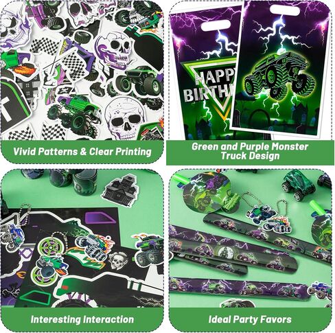 Haooryx Green Purple Monster Truck Party Form - 122pcs Monster Truck Slap Bracelets Stickers standouts bluouts noisemakers mini car keychain مع حقيبة هدايا للأطفال. in Kuwait