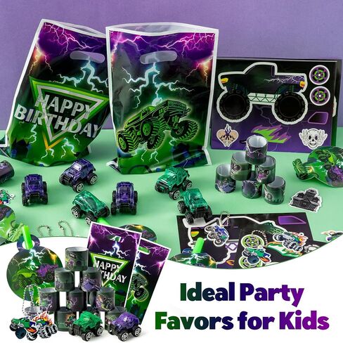 Haooryx Green Purple Monster Truck Party Form - 122pcs Monster Truck Slap Bracelets Stickers standouts bluouts noisemakers mini car keychain مع حقيبة هدايا للأطفال. in Kuwait