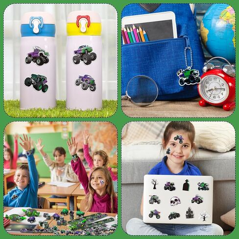 Haooryx Green Purple Monster Truck Party Form - 122pcs Monster Truck Slap Bracelets Stickers standouts bluouts noisemakers mini car keychain مع حقيبة هدايا للأطفال. in Kuwait
