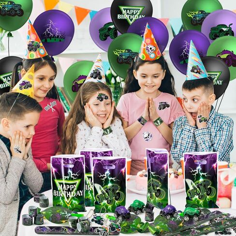 Haooryx Green Purple Monster Truck Party Form - 122pcs Monster Truck Slap Bracelets Stickers standouts bluouts noisemakers mini car keychain مع حقيبة هدايا للأطفال. in Kuwait