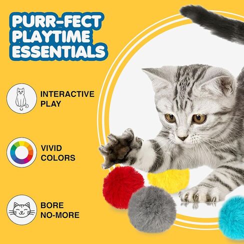 SunGrow Cat Pom Pom Balls, 20 Multi-Colored Shiny Enrichment Tinsel Pom Poms, 1" Tight Woven Yarn, Fuzzy Flash Balls for Indoor Kitten, Assorted Soft Glitter Orbs for Feline's Body and Brain Workout in Saudi Arabia