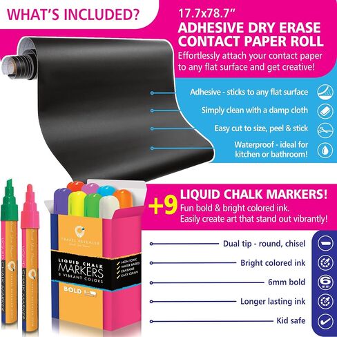 Chalkboard Contact Paper Self Adhesive Dry Erase Contact Paper Roll +3 Liquid Chalk Markers 17.7x78.7 Chalkboard Wallpaper Stick & Peel Contact Paper Blackboard for Wall Vinyl Black Stickers in Saudi Arabia