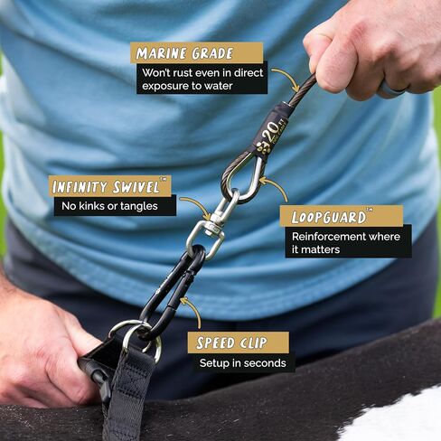 TIE DOG TIE OUT CABLE و SATE 20 قدمًا - للكلاب الكبيرة التي تصل إلى 300 رطل - حصة الشقوق والكلاب الشاقة في Yard ، Beach & Camping في الخارج (Black ، L/XL - 20 قدمًا) in Kuwait