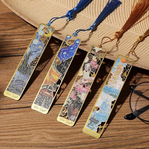 4Pcs Metal Bookmarks for Reading Women, Golden Hollow Book Marks Set with Tassels, Classic Oil Painting Bookmarks Aesthetic, Pretty Vintage Bookmarks for Book Lovers Reader Teens Girls in Saudi Arabia