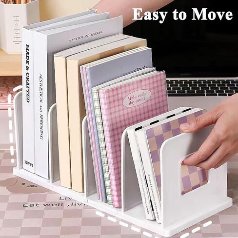 SAYEEC Desk File Sorter Vertical Desktop File Folder Organizer 4 Section Plastic Book Holder Adjustable Shelf Dividers Closet Purse Handbag Mail Binder Organizer Magazine Rack Stand Bookshelf (White) in Kuwait