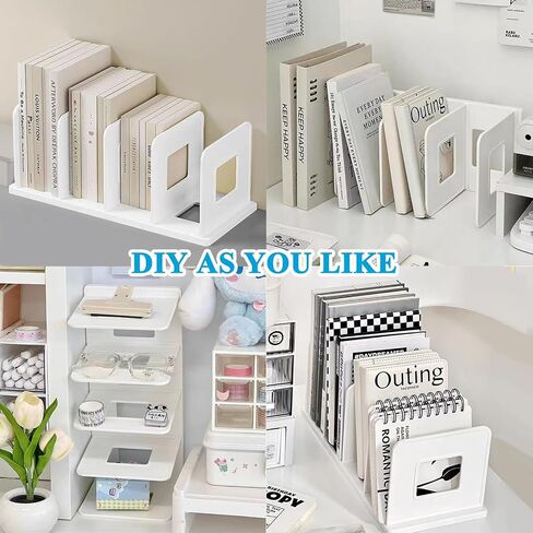 SAYEEC Desk File Sorter Vertical Desktop File Folder Organizer 4 Section Plastic Book Holder Adjustable Shelf Dividers Closet Purse Handbag Mail Binder Organizer Magazine Rack Stand Bookshelf (White) in Kuwait