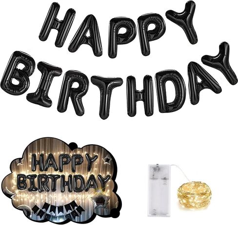 CANREVEL Happy Birthday Banner 13pcs 16 Inch Mylar Foil Letters Sign Balloons with LED Lights Birthday Party Decorations for Kids and Adults - 3D Black in Saudi Arabia