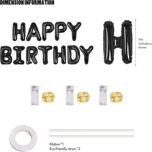 CANREVEL Happy Birthday Banner 13pcs 16 Inch Mylar Foil Letters Sign Balloons with LED Lights Birthday Party Decorations for Kids and Adults - 3D Black in Saudi Arabia