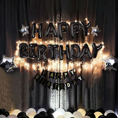 CANREVEL Happy Birthday Banner 13pcs 16 Inch Mylar Foil Letters Sign Balloons with LED Lights Birthday Party Decorations for Kids and Adults - 3D Black in Saudi Arabia