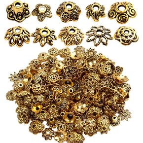 200pcs Antique Gold Bead Caps Spacer Beads Flower Bead Caps Bali Style for Necklace Bracelet,10 Styles