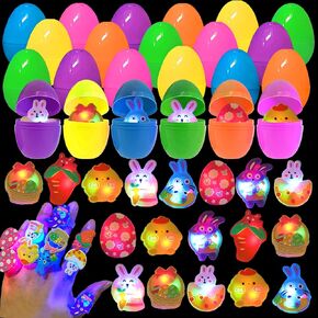 24 Pack Easter Eggs with Finger Lights Up Rings Grow in the Dark Great Assorted Colorful LED Rubber Rings for Kids Girls Boys Easter Basket Stuffers Eggs Fillers