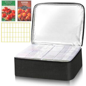 26 Slots Seed Storage Organizer Box with Insulated Bag That Holds 80-200 Seed Envelopes, Oxford Cloth Garden Seed Containers with Labels, Seed Packet Organizer for Plant, Flower,Vegetable Seeds