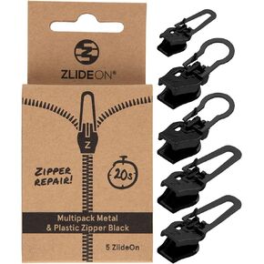 ZlideOn Zipper Pull Replacement - 5pcs, Black, Normal - Instant Zipper Replacement Slider Multipack