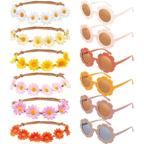 A1diee 12Pcs Groovy Retro Sunglasses Headbands Party Favors Boho Hippie Round Flower Polarized Eyewear Multicolor Daisy Flower Crown Costume Accessories Set 60s Festival Party Gifts for Kids