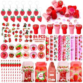 Strawberry Party Favor 84 PCS Sweet Berry Slap Treat Box Bracelets DIY Stickers Stampers Keychain Paper Straws Gift Rewards for Kids Girls Birthday Supply