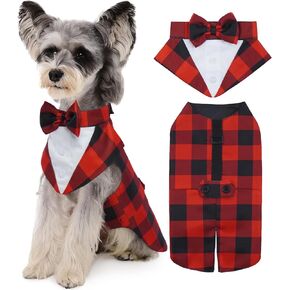 Kuoser Christmas Dog Tuxedo Dog Suit and Bandana Set, Red Plaid Dog Christmas Outfit Adjustable Dog Xmas Costume with Bow Tie for Large Medium Small Dogs Golden Retriever Samo Bulldogs, M
