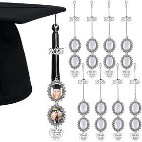 Sureio 8 Pcs Graduation Cap Memorial Photo Charm Tassel Charms for 2025 Graduation Cap Tassel Charm Memorial Photo Class Decorations Graduation Gifts to the Cap Topper(Silver, Heart)