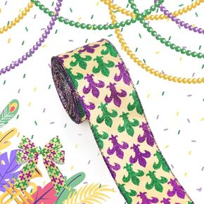 Mardi Gras Fabric Ribbons Mardi Gras Burlap Linen Ribbons Glitter Flower De Luce Edge Wired Decor Ribbons for Lundi Gras Party Carnival Parades Gift Wrapping Fat Tuesday Decoration Supplies 10 Yards