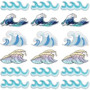 18pcs Sea Wave Iron/Sew on Patches, Ocean Embroidered Applique, Retro Cute Decoration for Cloths, Hat, Backpack, Jeans