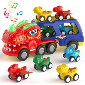 Toddlers Cars Toys for 1 2 3 4 Years Old Boys, 5 in 1 Dinosaur Car Toys for Kids 2-4, Easter Birthday Gifts for Toddlers 1-3, Boy Toys Age 1-3 2-4, Dino Transport Truck with Light & Music
