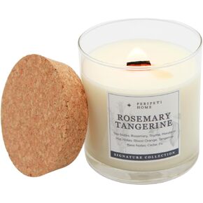 PERIPETI Home Rosemary + Tangerine Scented Candle - Wooden Wick, 8.5oz Natural Soy Wax for Energizing Aromatherapy - Long-Lasting Citrus & Herbal Fragrance for Home or Spa