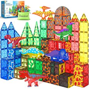 102pcs ألعاب الديناصورات البلاط المغناطيسي مع 8 ديناصورات للأطفال 3-5 5-7 ، مجموعة من المشاهد الجوراسية Dinosaur World ، الكتل المغناطيسية للأطفال الحسية للأولاد والبنات الذين تتراوح أعمارهم