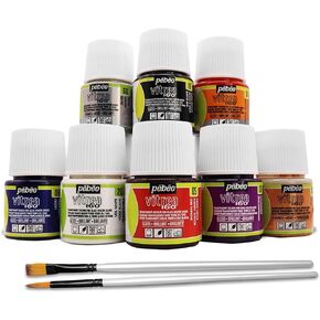 Pebeo Vitrea 160 Glass Paint - Transparent Colour Glossy and Brilliant - Made in France - DIY Craft Paint for Stained Glass and More - Set of 8 Colors Bundled Application Brushes