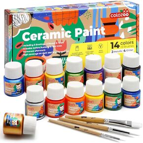 Glass Paint for Wine Glasses and Ceramics | 14x20ml Acrylic Painting Kit Inc. Gold, Silver, 4 Glitter Colors, and 3 Brushes | Porcelain, Enamel & Ceramic Paints, Erasable Before Baking and Permanent Afterwards