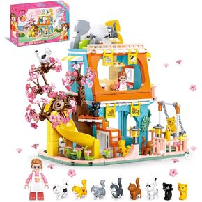 Cat House Building Set, Animal Playground Crossing Toy with 8 Cats and a Doll Minifigures Compatible with Lego Friends Pet Sets - Thanksgiving Christmas Birthday Gift Idea for Girls Kids Aged 6-12