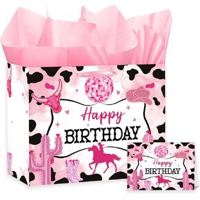 Pink Cowgirl Birthday Gift Bag Set with Tissue Paper Extra Large Birthday Bag for Girls Cowgirl Party Decorations Western Theme Gift Bags for Women Kids Disco Cowgirl Party Favors 11.8 x 9.4 x 5.3 Inches
