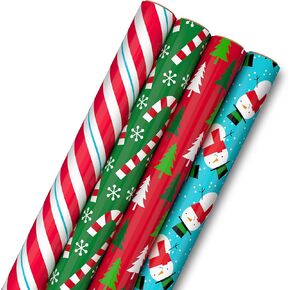 Image Arts Blue Christmas Wrapping Paper with Cut Lines on Reverse (4 Rolls: 120 sq. ft. ttl) Snowmen, Snowflakes, Blue and White Stripes