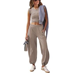 Womens 2 Piece Sweatsuits Sets Casual Workout Cropped Tee Top High Rise Sweatpants Athletic Tracksuits