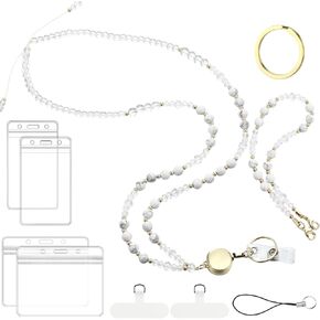 Retractable Lanyards for ID Badges and Keys Natural Stone Beaded Teacher Lanyard Cute Lanyard Neck Lanyards for Women with Beaded Phone Wrist Strap Card Sleeve DIY Lobster Buckle (Black)