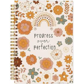 Aesthetic Retro Boho Floral Notebook, Inspirational Motivational Journals for Women, Progress Over Perfection Inspirational Spiral Notebook 5.5x8.3