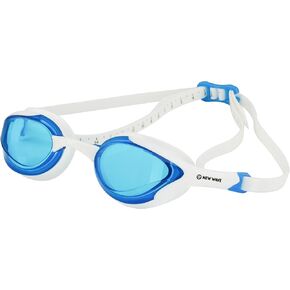 New Wave Swim Goggles with Protective Storage Case - Anti Fog Lenses, Four Nose Bridges for Triathlon & Open Water Swimming (Blue Ice = Clear Blue Lens in White Frame)