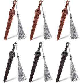 cobee 6Pcs Sword Bookmarks for Men, Handmade Wooden Book Marks with Tassels Vintage Wood Book Page Markers Cool Reading Book Accessories Gift for Book Lovers