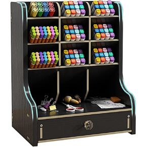 Marbrasse Pen Organizer for Desk，Updated Thicker Wooden DIY Pen Holder with Drawer Desk Stationary Organizer,Art Supply Organizer Storage for Home Office Supplies (Black)