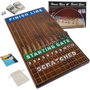 Extra Large 21in Horse Race Board Game with 11 Luxurious Durable Classic Metal Horses with 4 Dice and 2 Boxes of Cards Thickened Solid Wood Horse Racing Game (Log Color,Rectangle)