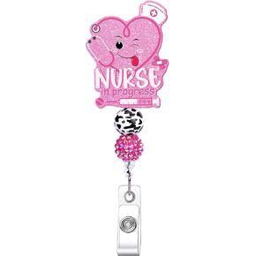 Nurse Badge Reel Retractable, Cute Pink Heart Nurse in Progress Design Holiday Badge Reels with Swivel Clip, Nursing Student Badge Accessories Festival Gifts