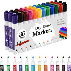 Dry Erase Markers, Chisel Tip Whiteboard Markers, Low Odor Thick Dry Markers, 36 Bulk 4 Assorted Color Markers for Kids/Teachers