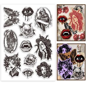 PH PandaHall Witch Clear Stamp Gothic Witch Skull Silicone Stamp Cards Rubber Stamps Transparent Stamps for Card Making Photo Album Halloween Decoration and DIY Scrapbooking 5.8X8.3inch